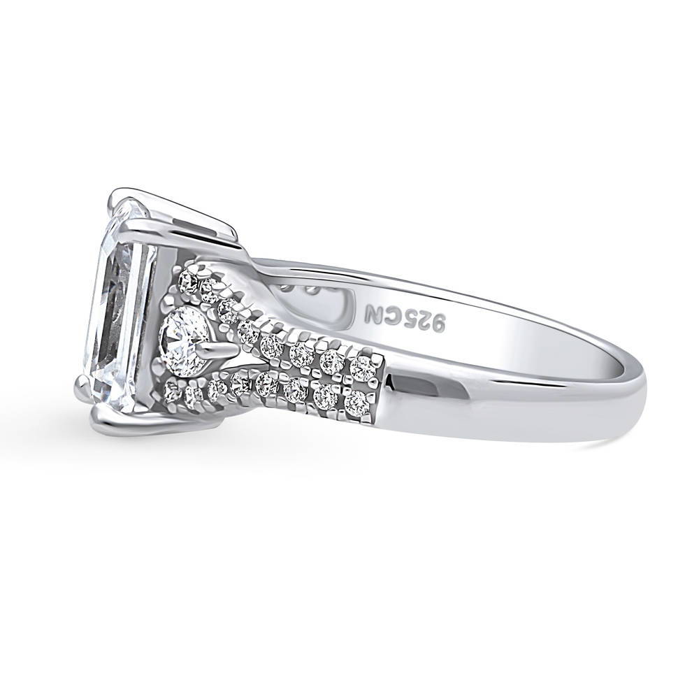 Angle view of 3-Stone Emerald Cut CZ Split Shank Ring in Sterling Silver, 5 of 9