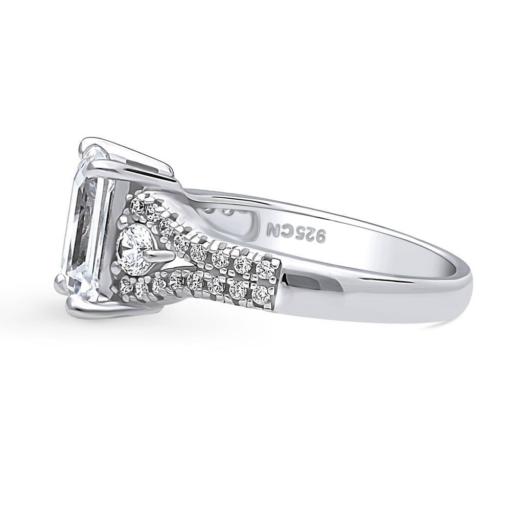 Angle view of 3-Stone 2.6ct Emerald Cut CZ Split Shank Ring in Sterling Silver, 5 of 9