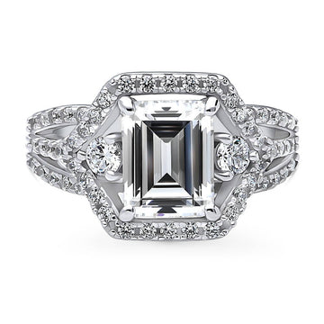 3-Stone Art Deco Emerald Cut CZ Split Shank Ring in Sterling Silver