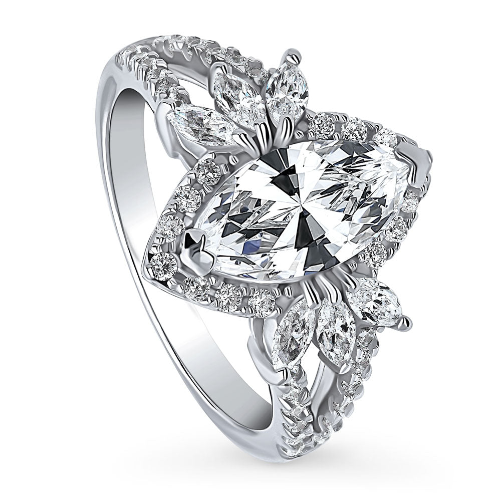 Front view of Halo Flower Marquise CZ Split Shank Ring in Sterling Silver, 4 of 13