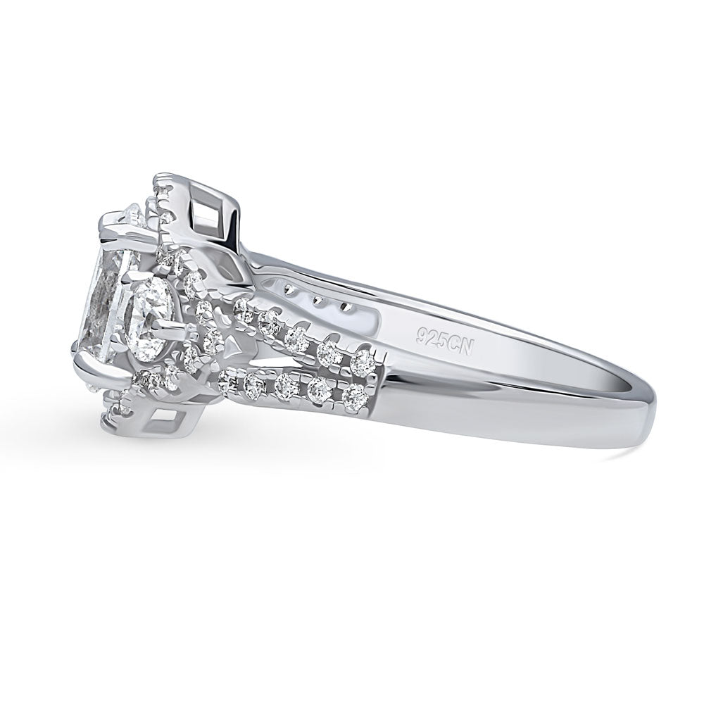Angle view of 3-Stone Halo Oval CZ Split Shank Ring in Sterling Silver, 5 of 9