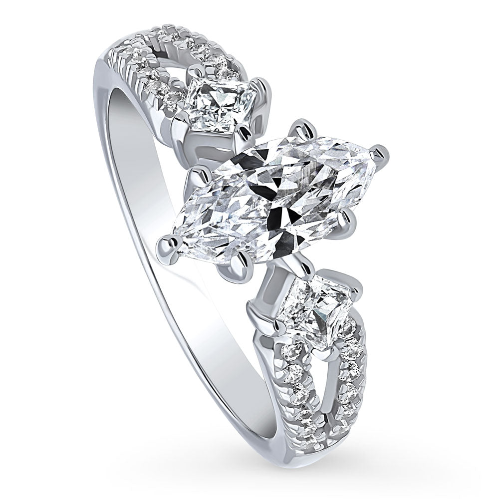 Front view of 3-Stone 1ct Marquise CZ Split Shank Ring in Sterling Silver, 4 of 9