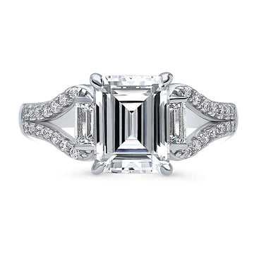 Solitaire 2.6ct Step Emerald Cut CZ Split Shank Ring in Sterling Silver