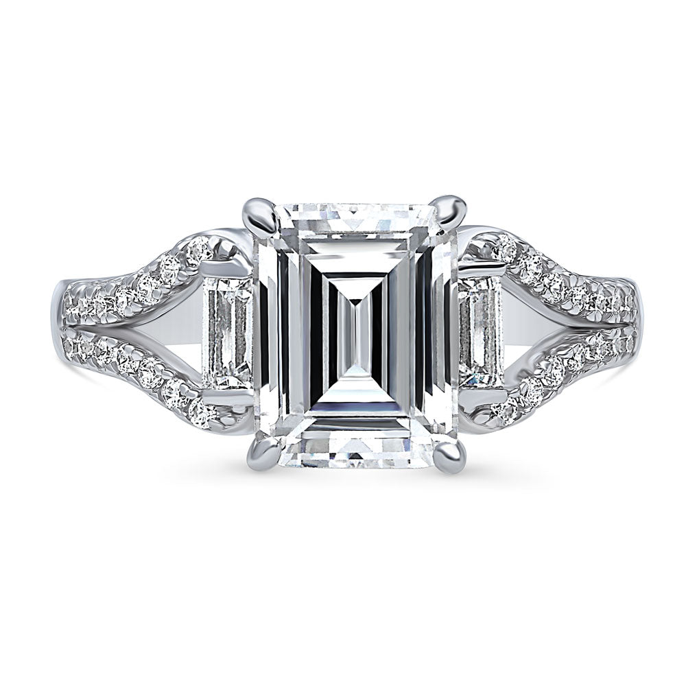 Solitaire 2.6ct Step Emerald Cut CZ Split Shank Ring in Sterling Silver, 1 of 9