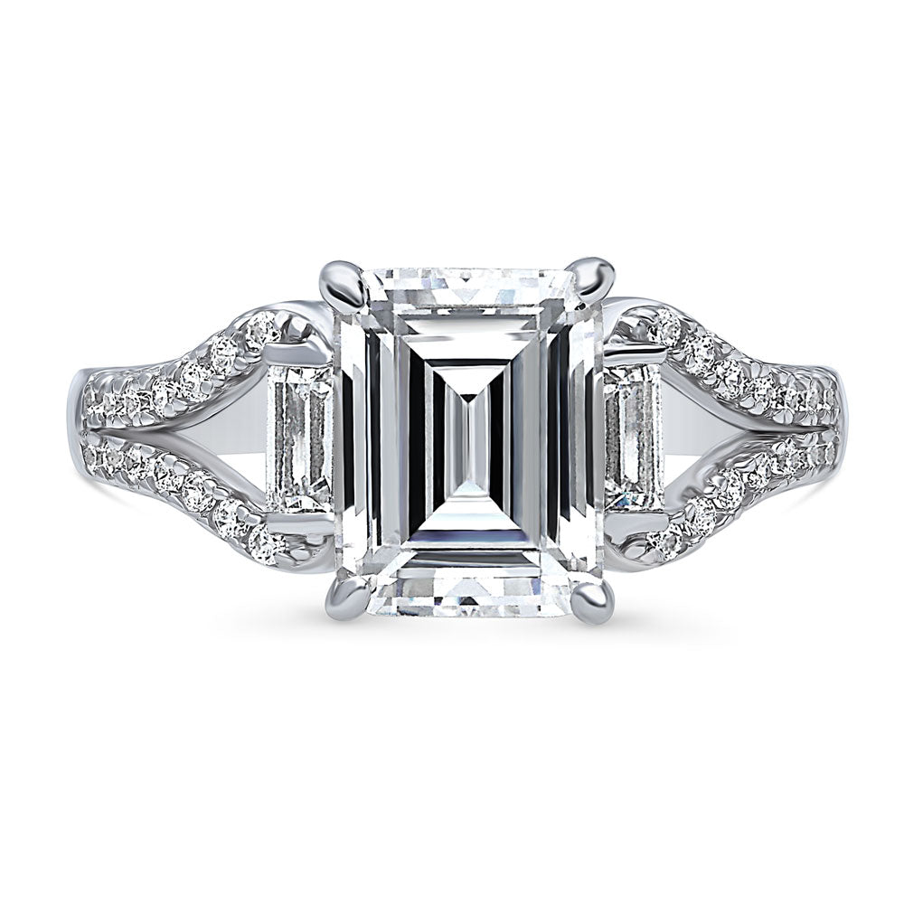 Solitaire Emerald Cut CZ Split Shank Ring in Sterling Silver