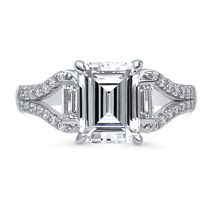 Solitaire Emerald Cut CZ Split Shank Ring in Sterling Silver
