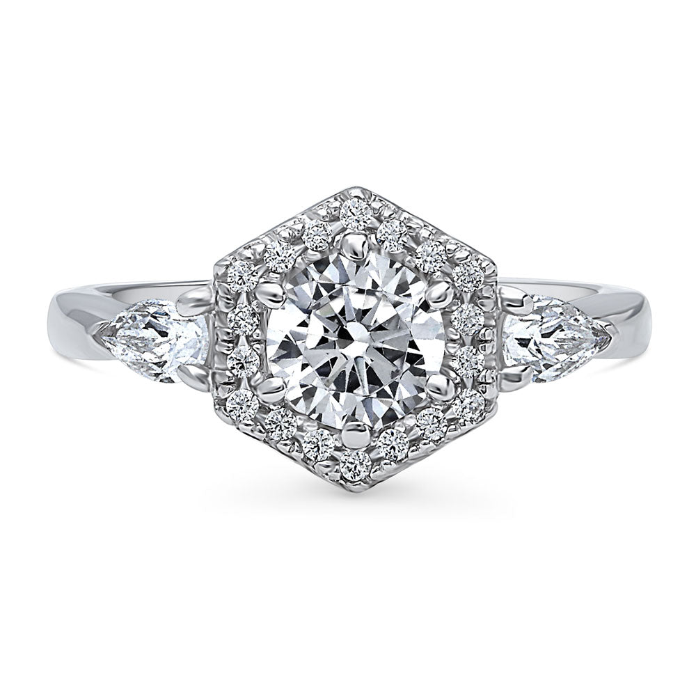 3-Stone Hexagon Halo 0.8ct CZ Ring in Sterling Silver, 1 of 9