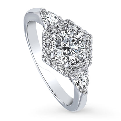 3-Stone Hexagon Halo 0.8ct CZ Ring in Sterling Silver