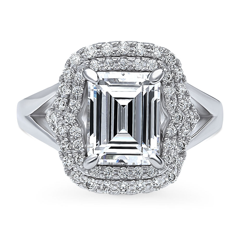 Halo Emerald Cut CZ Split Shank Ring in Sterling Silver, 1 of 9