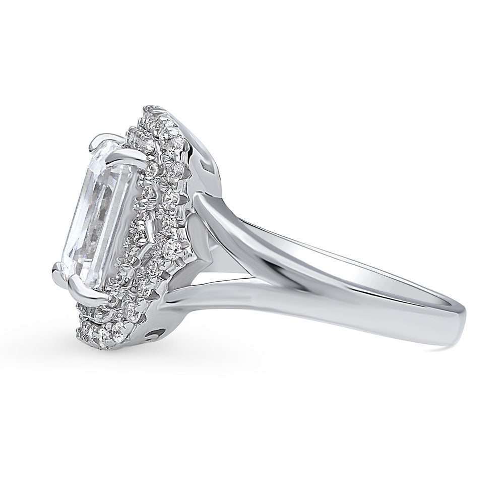 Angle view of Halo Emerald Cut CZ Split Shank Ring in Sterling Silver, 5 of 9