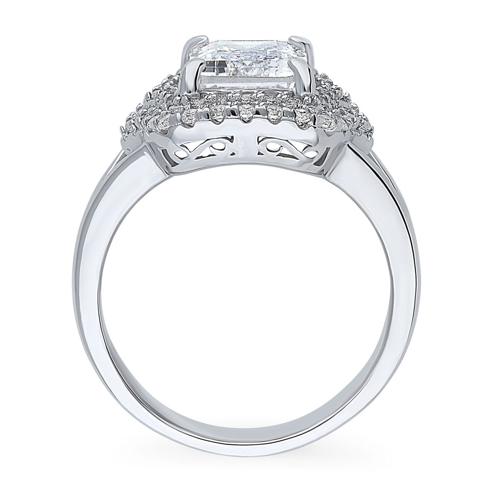 Halo Emerald Cut CZ Split Shank Ring in Sterling Silver