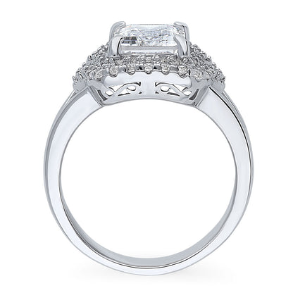 Halo Emerald Cut CZ Split Shank Ring in Sterling Silver