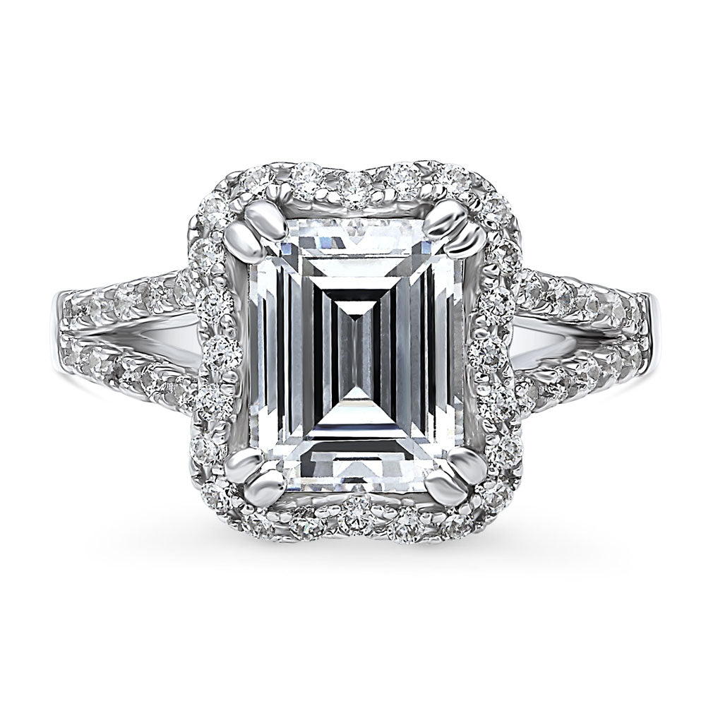 Halo Woven Emerald Cut CZ Split Shank Ring in Sterling Silver, 1 of 10