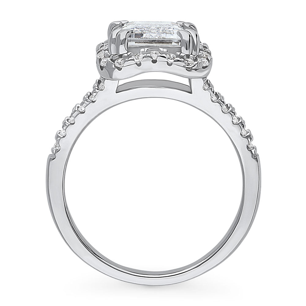 Halo Woven Emerald Cut CZ Split Shank Ring in Sterling Silver