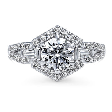 Hexagon Halo CZ Split Shank Ring in Sterling Silver