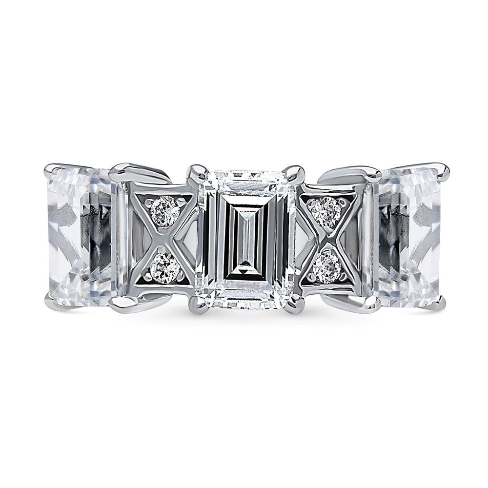 3-Stone Art Deco 3ct Emerald Cut CZ Ring in Sterling Silver, 1 of 9