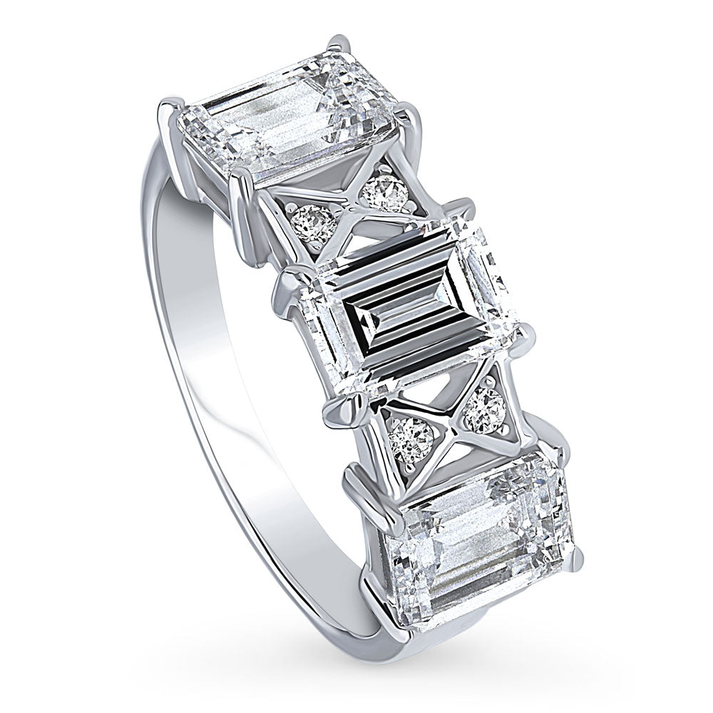 Front view of 3-Stone Art Deco 3ct Emerald Cut CZ Ring in Sterling Silver, 4 of 9