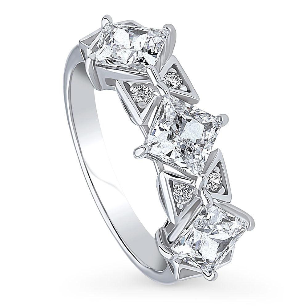 Front view of 3-Stone Art Deco Princess CZ Statement Ring in Sterling Silver, 3 of 8