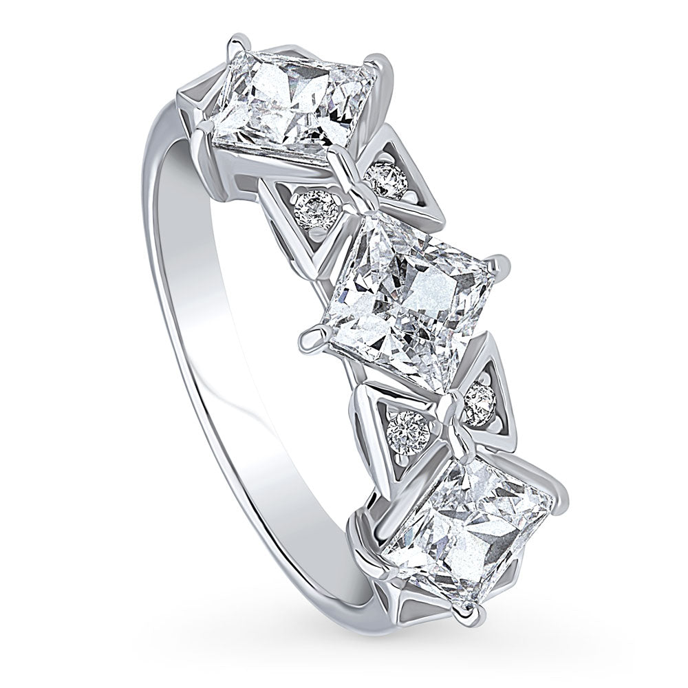 Front view of 3-Stone Art Deco 2.1ct Princess CZ Ring in Sterling Silver, 4 of 11