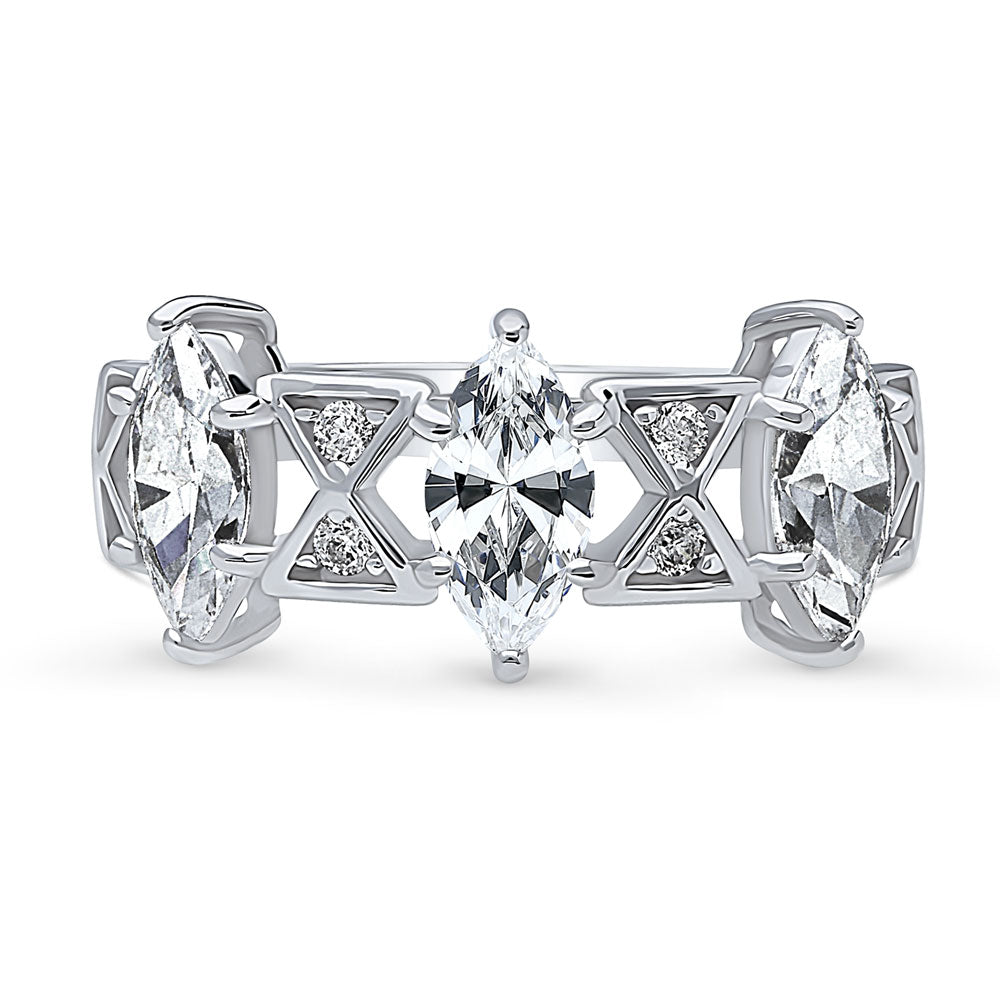 3-Stone Art Deco Marquise CZ Statement Ring in Sterling Silver, 1 of 9