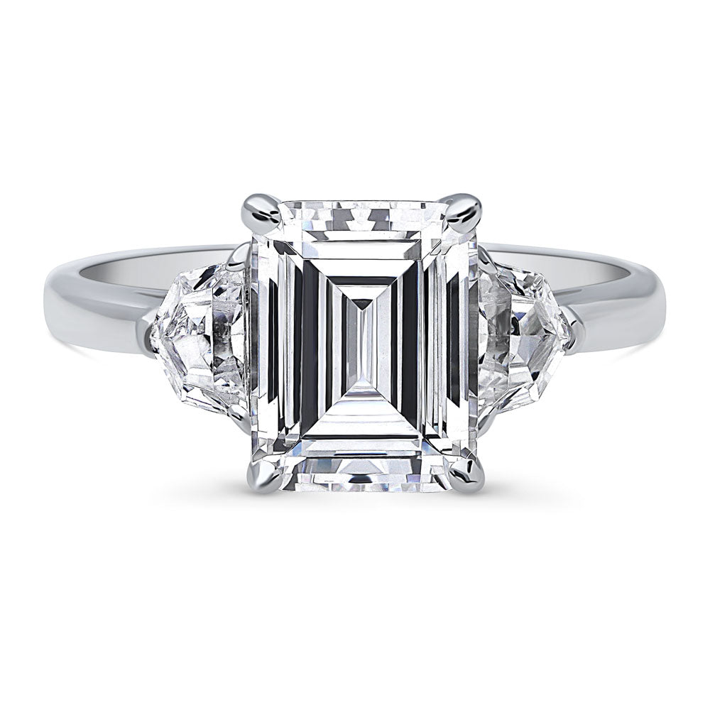 3-Stone 2.6ct Emerald Cut CZ Ring in Sterling Silver, 1 of 10