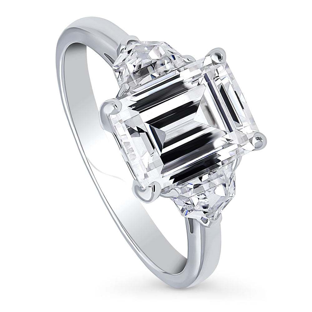 Front view of 3-Stone 2.6ct Emerald Cut CZ Ring in Sterling Silver, 3 of 10