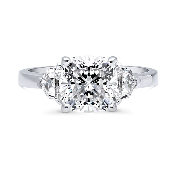 Silver 3-Stone 3ct Cushion Cut CZ Wedding Engagement Ring
