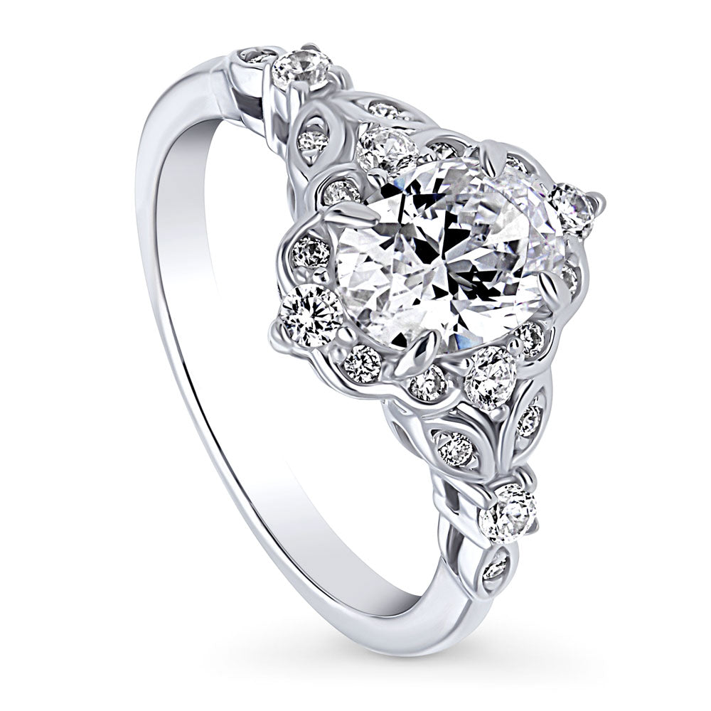 Halo Art Deco Oval CZ Ring in Sterling Silver