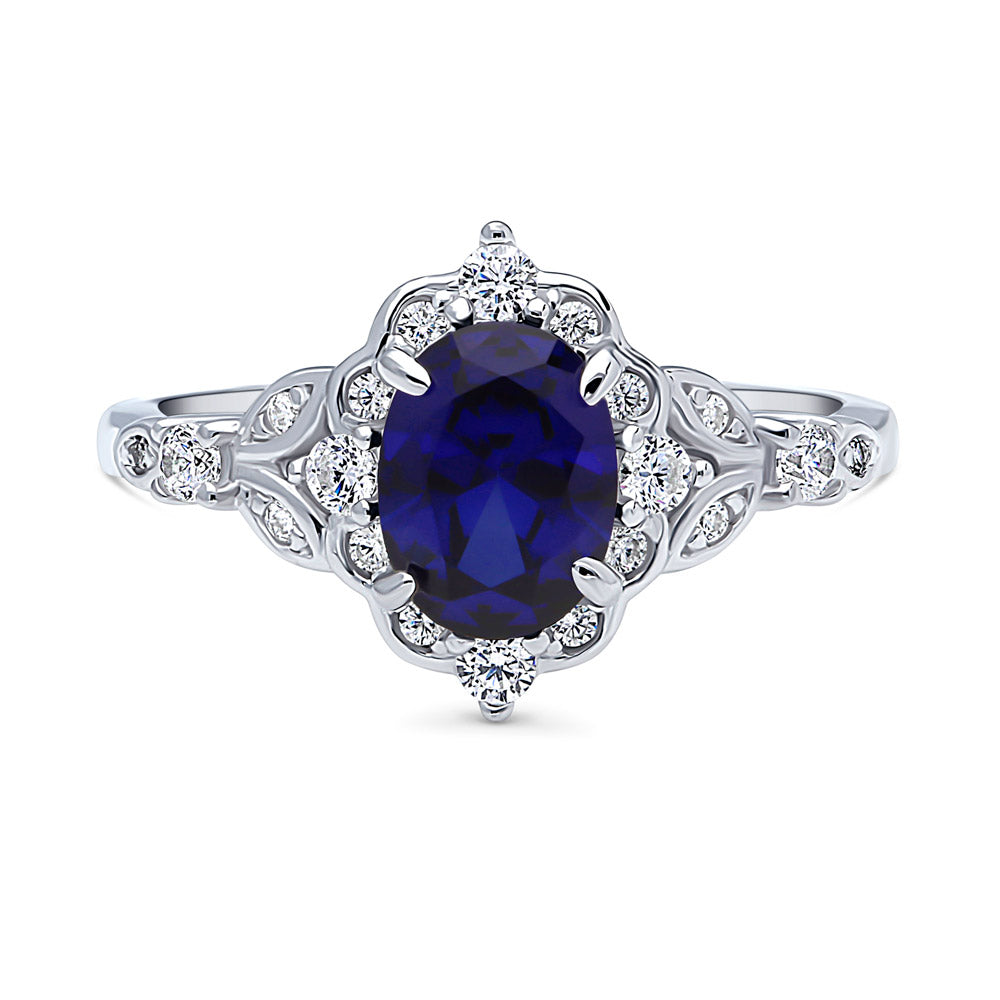 Halo Art Deco Simulated Blue Sapphire Oval CZ Ring in Sterling Silver, 1 of 10