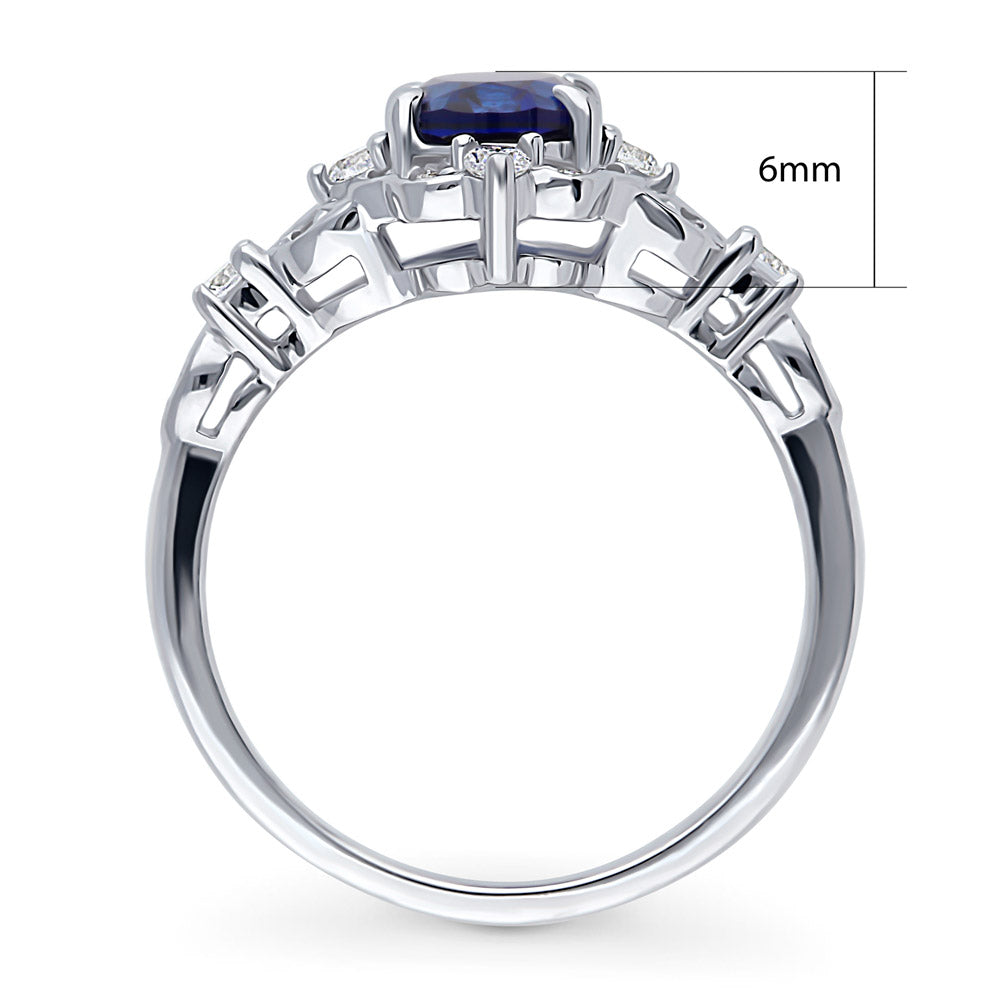 Halo Art Deco Simulated Blue Sapphire Oval CZ Ring in Sterling Silver