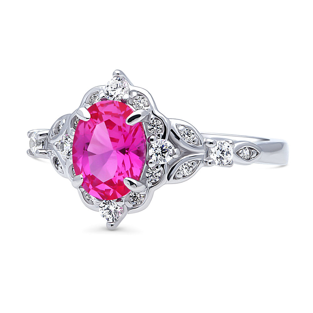 Side view of Halo Art Deco Pink Oval CZ Ring in Sterling Silver, 9 of 11