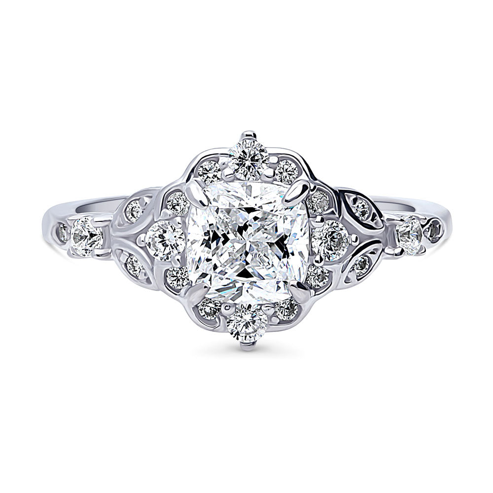 Halo Art Deco Cushion CZ Ring in Sterling Silver