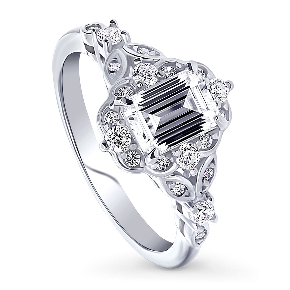 Halo Art Deco Step Emerald Cut CZ Ring in Sterling Silver