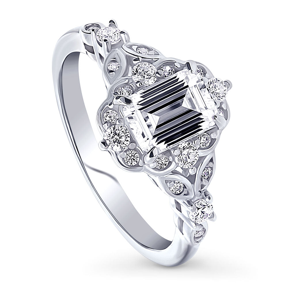 Front view of Halo Art Deco Step Emerald Cut CZ Ring in Sterling Silver, 4 of 10