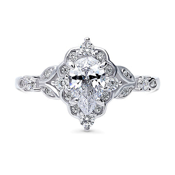 Halo Art Deco Pear CZ Ring in Sterling Silver