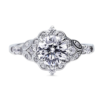 Halo Art Deco Round CZ Ring in Sterling Silver