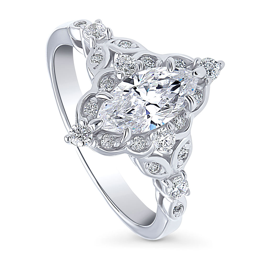 Front view of Halo Art Deco Marquise CZ Ring in Sterling Silver, 4 of 9