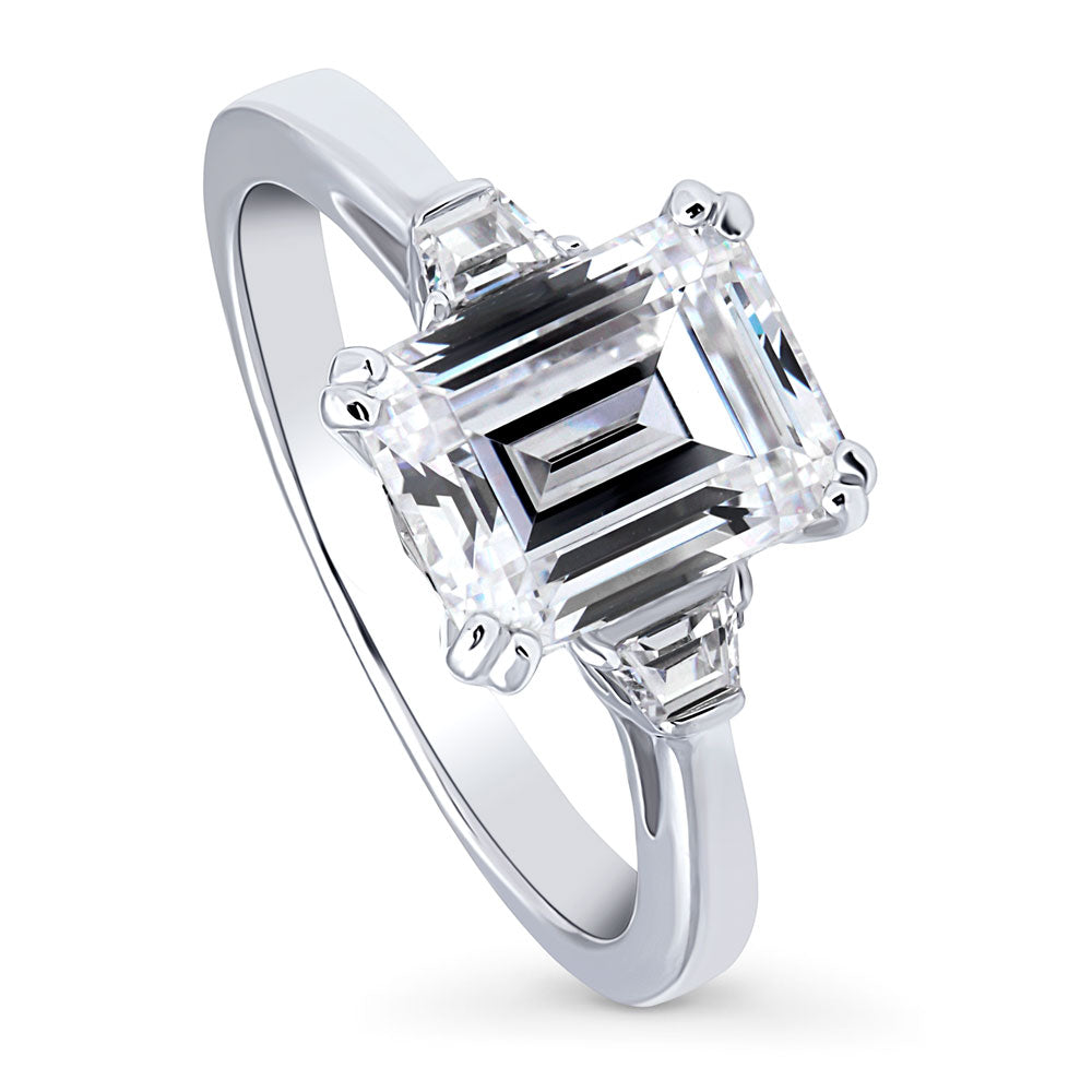 Front view of 3-Stone 2.6ct Emerald Cut CZ Ring in Sterling Silver, 4 of 11
