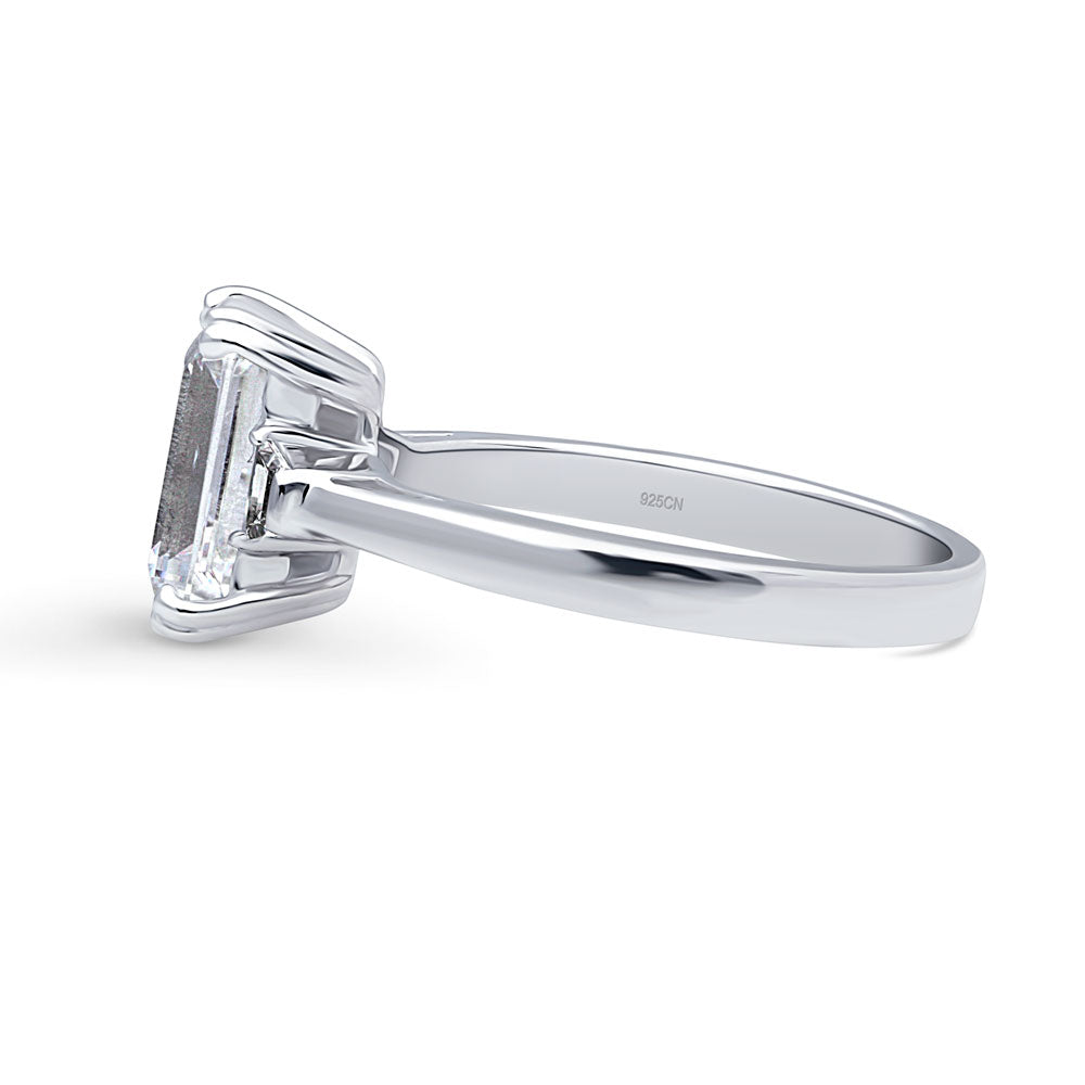 Angle view of 3-Stone 2.6ct Emerald Cut CZ Ring in Sterling Silver, 5 of 11