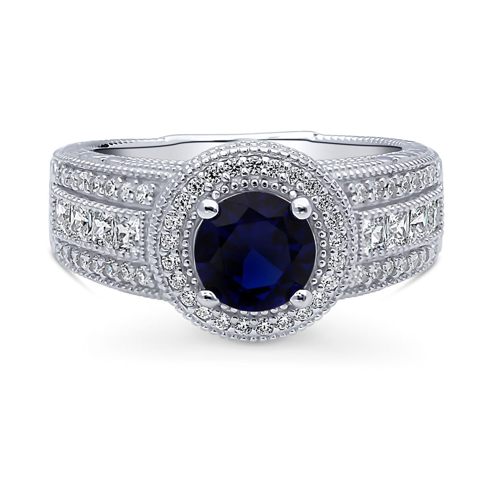 Halo Milgrain Simulated Blue Sapphire Round CZ Ring in Sterling Silver, 1 of 16