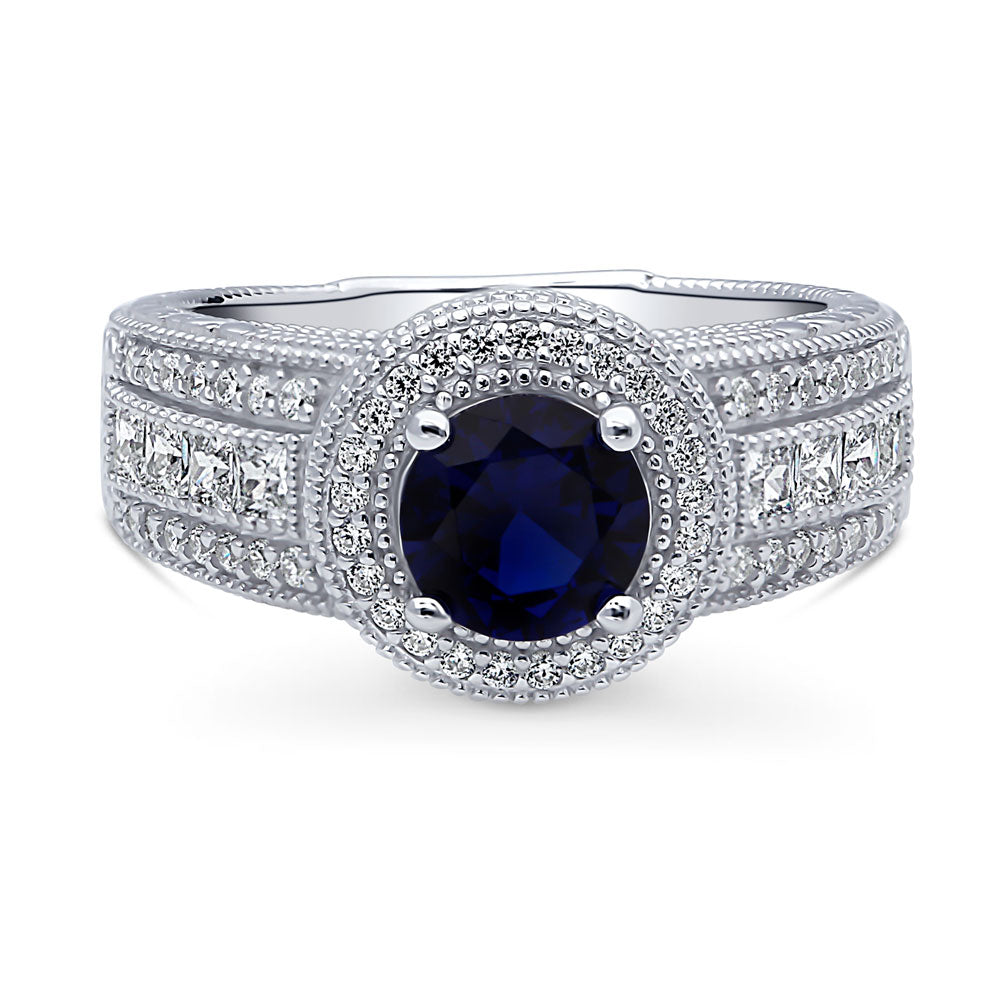 Halo Milgrain Sapphire-Blue CZ Ring in Sterling Silver, 1 of 16