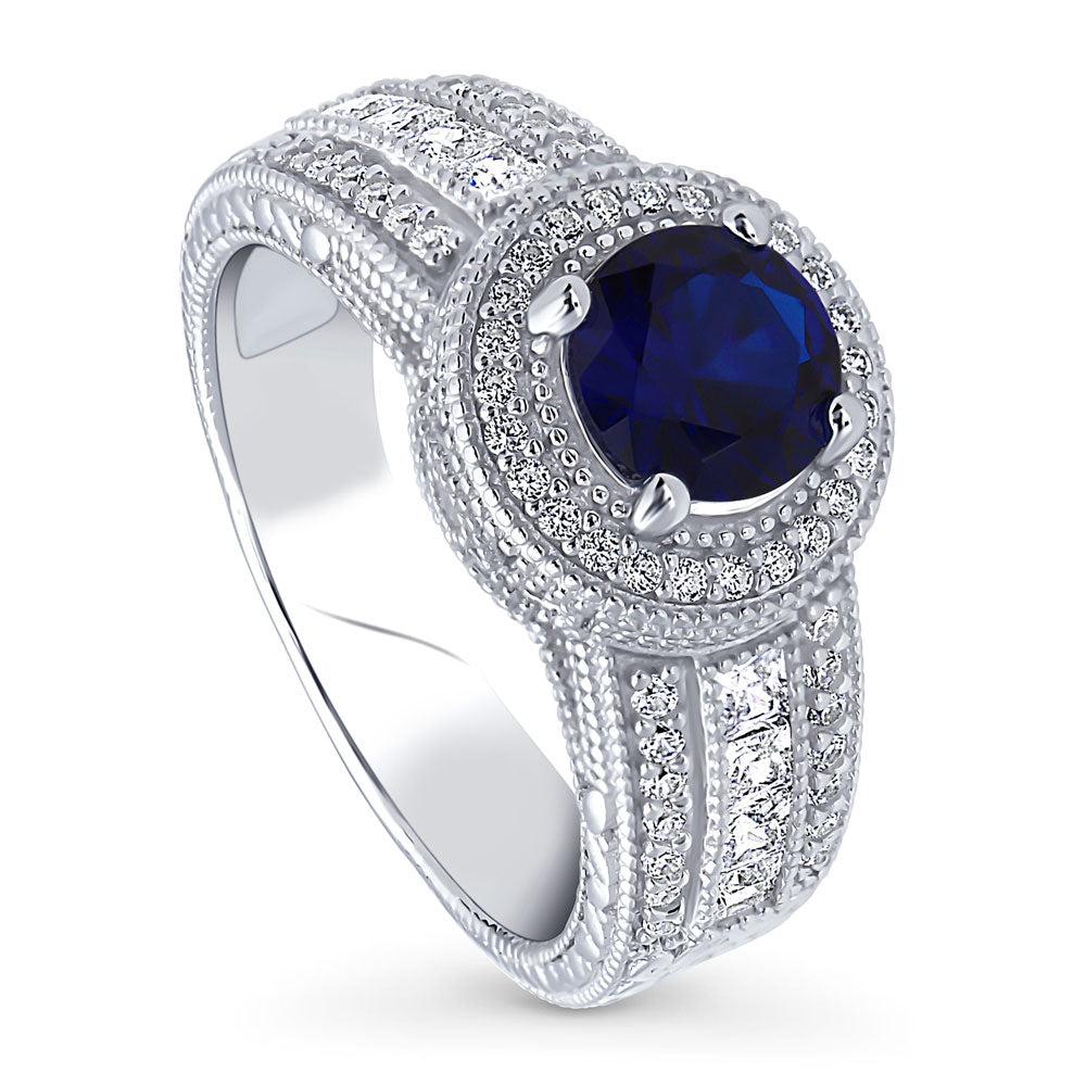 Front view of Halo Milgrain Simulated Blue Sapphire Round CZ Ring in Sterling Silver, 3 of 14