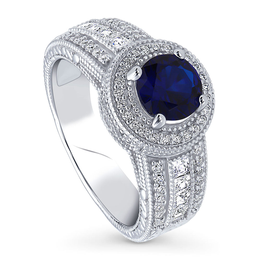 Front view of Halo Milgrain Sapphire-Blue CZ Ring in Sterling Silver, 4 of 16