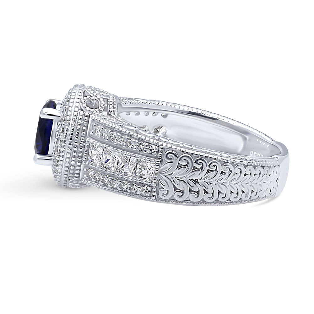 Angle view of Halo Milgrain Sapphire-Blue CZ Ring in Sterling Silver, 5 of 16