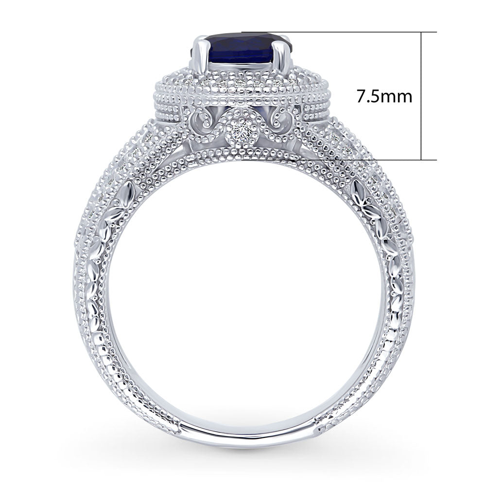 Alternate view of Halo Milgrain Simulated Blue Sapphire Round CZ Ring in Sterling Silver, 6 of 14