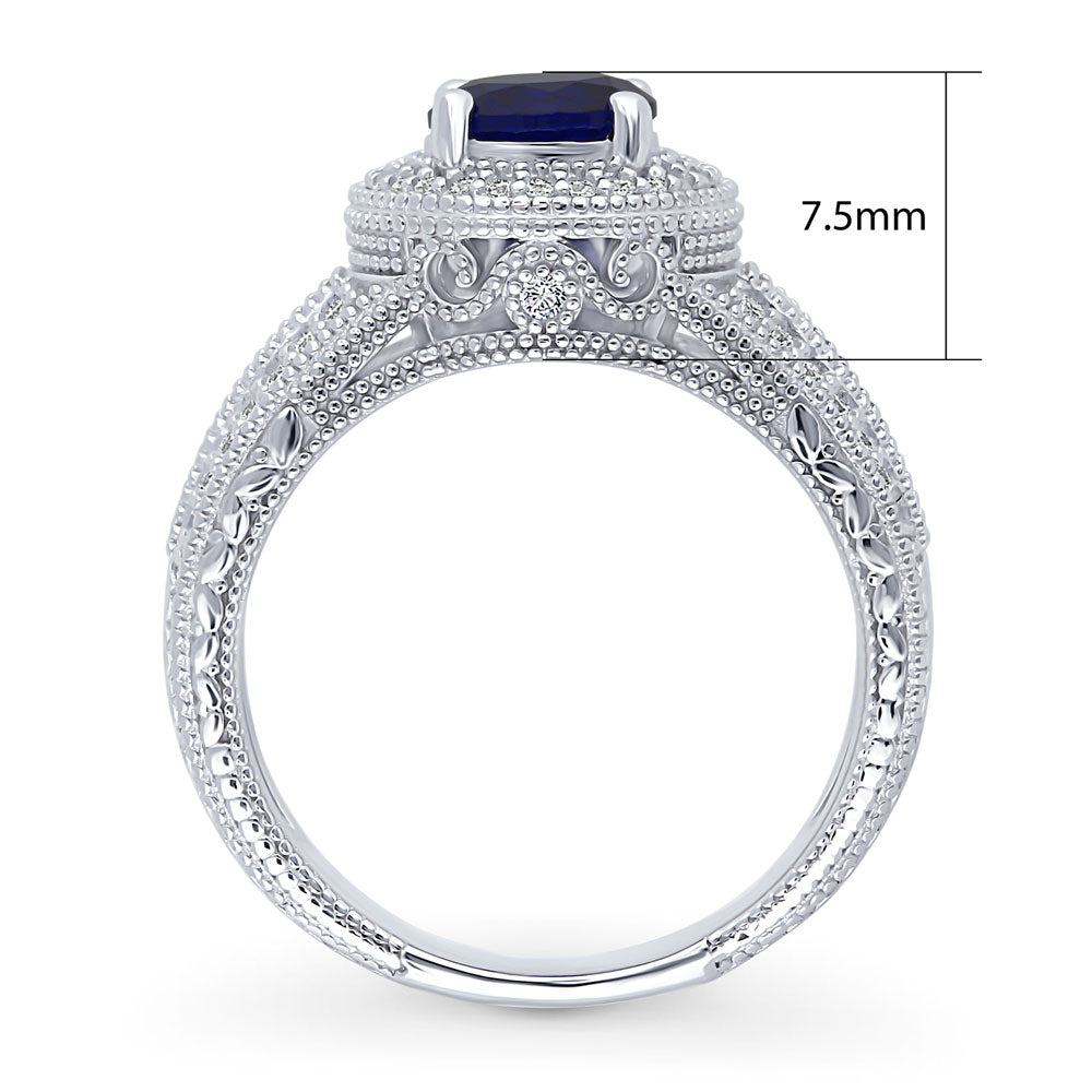 Alternate view of Halo Milgrain Sapphire-Blue CZ Ring in Sterling Silver, 8 of 16