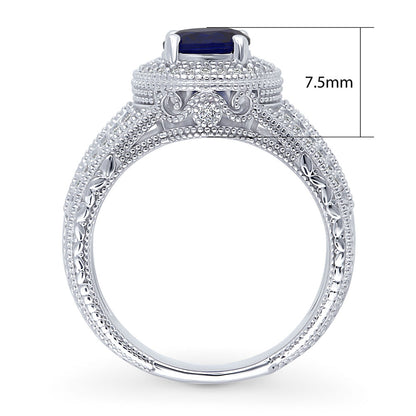 Halo Milgrain Sapphire-Blue CZ Ring in Sterling Silver