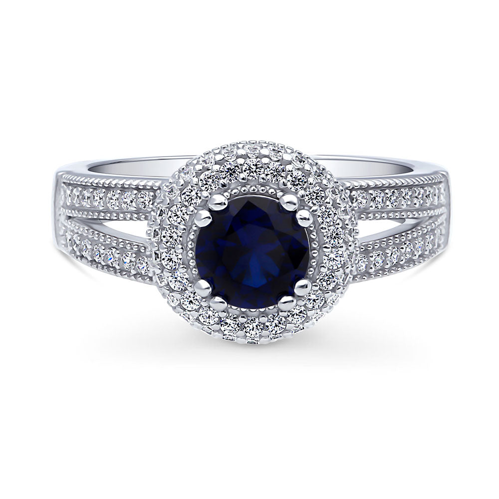 Halo Sapphire-Blue CZ Split Shank Ring in Sterling Silver, 1 of 11