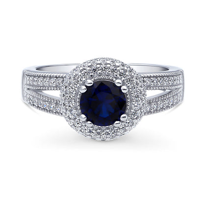Halo Sapphire-Blue CZ Split Shank Ring in Sterling Silver