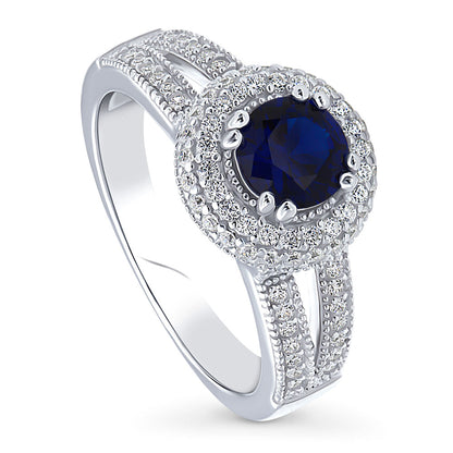 Halo Sapphire-Blue CZ Split Shank Ring in Sterling Silver